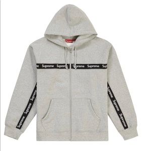 🆕 SUPREME Grey Text Strip Zip-Up Hoody Sz Large